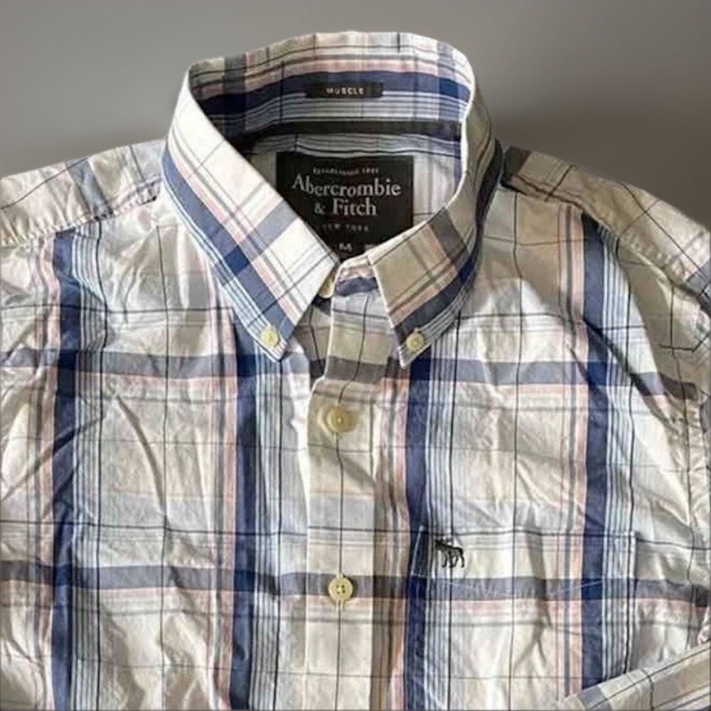 Mens ABERCROMBIE & FITCH M Classic Button Muscle Casual Dress Shirt Pink Plaid